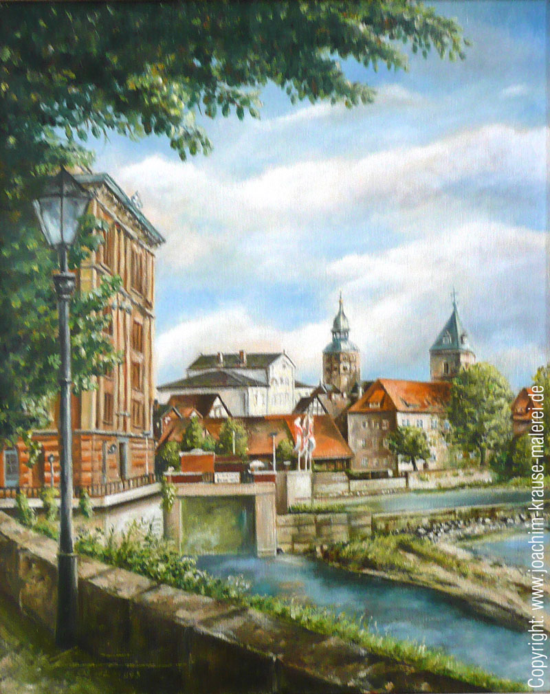 Wesermühle mit Blick auf die Münsterkirche Hameln